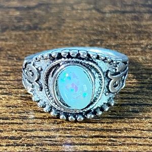 Retro Oval Blue Opal & Stainless Steel Women’s Ring Size 6